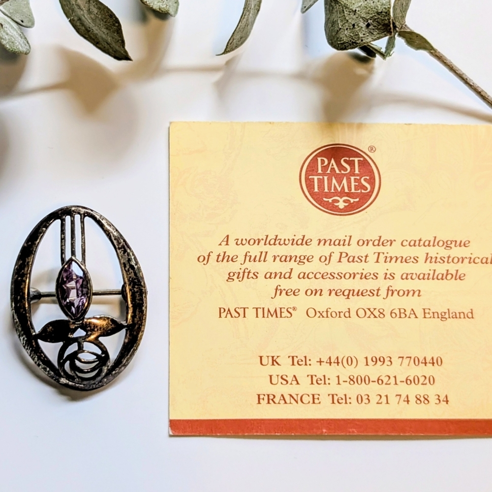 Past Times Vintage Pewter Brooch with Amethyst. Made In England.